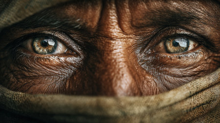 Detailed macro photograph capturing expressive eyes above a mask, highlighting wrinkles and reflections. The moody fine art lighting emphasizes strength and emotion in the composition.の素材