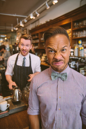A man attempts a professional portrait in a cafe while a playful barista photobombs with a goofy face, adding humor to the scene. The barista is pouring coffee in the background.の素材