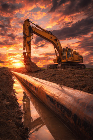 An excavator arm extends over a newly installed water line, reflecting the vibrant sunset on its metal surface. The scene captures a realistic industrial tone.の素材