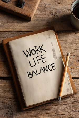 Flat lay image of a wooden desk featuring an open notebook with "WORK LIFE BALANCE" written on it. A pen rests on the notebook, creating a warm and clean composition.の素材