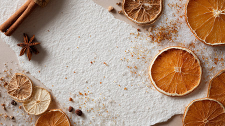 Top-down view of a Christmas-themed background featuring textured white paper adorned with dried orange slices, cinnamon sticks, and glitter, ideal for festive product photography.の素材