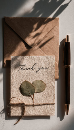 Flat lay of a handmade thank-you card crafted on recycled paper, adorned with a eucalyptus leaf and twine. Includes an envelope and ink pen, with soft natural shadows.の素材