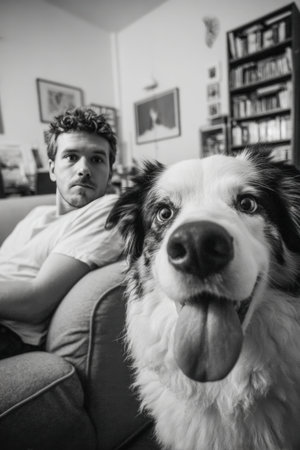 A man attempts a formal portrait in his living room, humorously interrupted by his dog photobombing with its tongue out from behind the couch, creating a spontaneous moment.の素材
