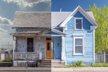 A striking before-and-after comparison of a house renovation, showcasing the transformation from old, weathered exterior to fresh blue modern siding on a sunny day.の素材