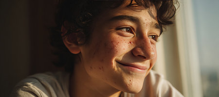A teenage boy with acne-prone skin smiles warmly as daylight streams through a window. He wears a simple t-shirt, with shadows adding depth to his facial features.の素材