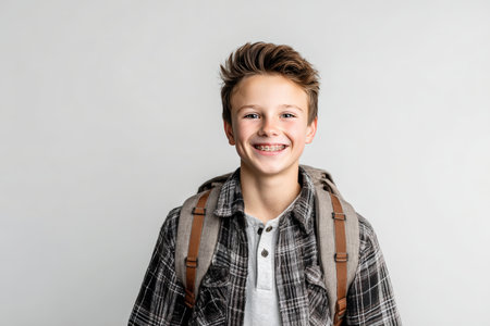 A cheerful teenage boy with braces smiles confidently, wearing a backpack. Captured in a studio with a white background, the image features neutral colors and balanced composition.の素材