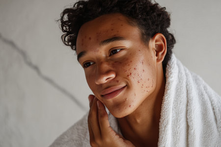 Close-up of a teen boy with active acne smiling at his reflection while applying acne treatment cream. He has a white towel over his shoulders in a minimalist setting.の素材