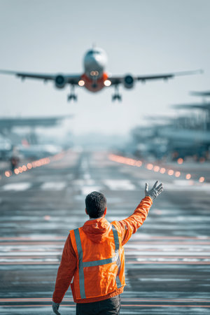 A ramp agent in a high-visibility jacket signals takeoff clearance to a moving airplane on a sunny day. The scene captures the professional atmosphere of airport operations.の素材