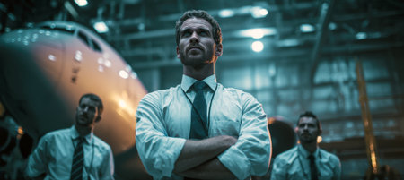 Aviation manager confidently oversees a maintenance team in an industrial hangar. The cinematic look emphasizes leadership and teamwork in the aviation industry setting.の素材