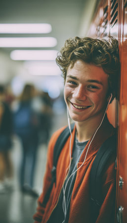 Close-up of a smiling teenage boy with active acne, wearing earbuds, leaning against a locker in a school hallway. The background shows blurred movement of students, creating a lively atmosphere.の素材