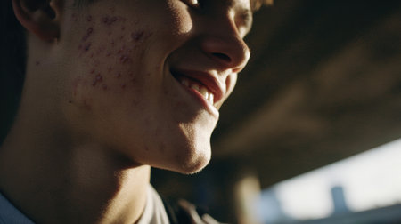 Close-up of a teenage boy with visible acne smiling beside a bicycle in a gritty urban underpass. The high-detail image features realistic tones and soft backlighting.の素材