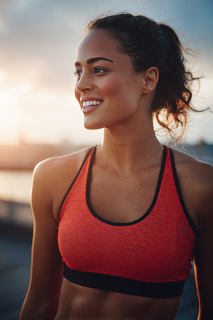 An athletic woman smiles confidently outdoors, captured in natural light. The scene exudes empowerment with a cinematic tone, highlighting her strength and positivity.の素材