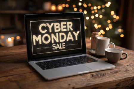 A laptop on a wooden desk shows a "Cyber Monday Sale" banner. The scene is set with cozy home lighting and a cup of tea, creating a warm, cinematic atmosphere.の素材