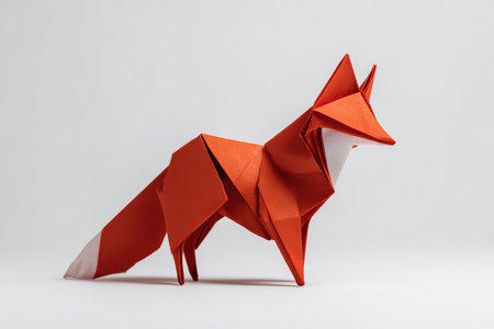 Close-up of a bright red origami fox with geometric folds and sharp angles, standing on a white surface. Captured in minimalist studio lighting, showcasing modern Japanese art style.の素材