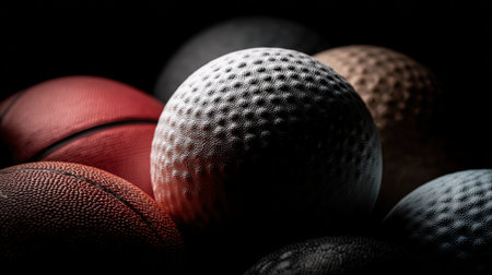 Artistic fine art photography featuring a close-up of textured sports balls, illuminated by a soft spotlight. The image showcases deep shadows and intricate surface details.の素材