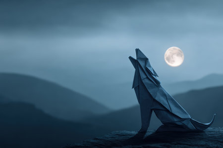 A gray origami wolf howls at the full moon against a misty mountain backdrop. The scene captures a cinematic night tone with a side silhouette composition.の素材