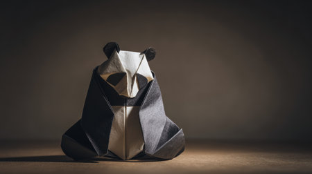 Macro shot of an origami panda crafted from black and white paper, sitting on a clean background. The image captures a cozy and calm atmosphere with soft shadows in a documentary style.の素材