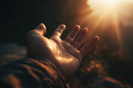A cinematic image capturing a hand reaching out, bathed in the warm glow of the golden hour, symbolizing human compassion and emotional storytelling.の素材