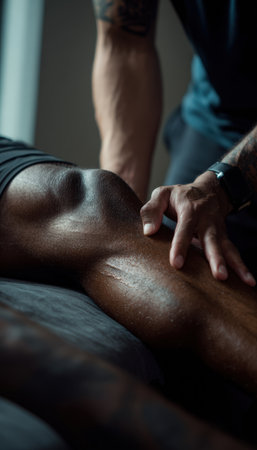 A sports therapist provides professional physiotherapy, focusing on leg muscle care for an athlete. The image captures the teamwork and precision in a cinematic aesthetic.の素材