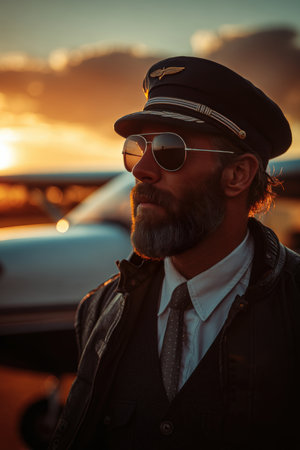 Cinematic portrait of an aviation engineer at a sunrise airfield, featuring an airplane in the background. Captured with natural lighting for a realistic and emotional effect.の素材