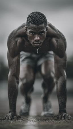 Ground-level shot of an athlete in a starting pose, highlighting strength and precision. The cinematic outdoor tone enhances the focus on athleticism and determination.の素材
