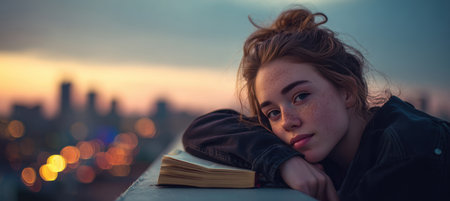 A teenage girl with freckles and acne rests on a rooftop edge, holding a book. The city skyline and a soft sunset create a peaceful and empowering atmosphere in the background.の素材