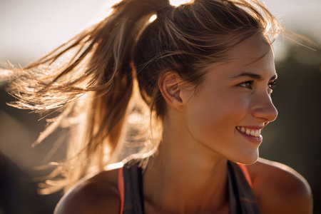 Energetic outdoor photograph capturing a runner's joyful smile and flowing ponytail in warm morning light, conveying vitality and positivity.の素材