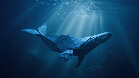 A serene and majestic origami whale crafted from deep blue matte paper, set in an underwater scene with light rays. The artistic realism and wide shot create a tranquil mood.の素材