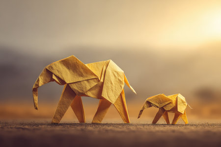 Yellow origami elephant calf walking beside its mother in a savanna setting, captured in warm sunset lighting. The scene conveys a cinematic and emotional family moment.の素材