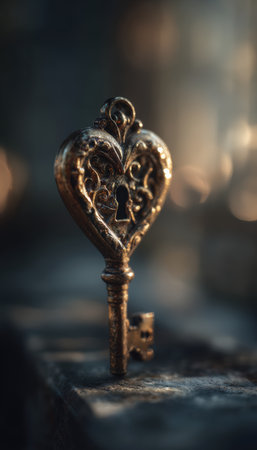Artistic soft focus photo of a symbolic heart-shaped lock with an antique brass key, illuminated by morning light. The intricate details create a vintage and romantic atmosphere.の素材