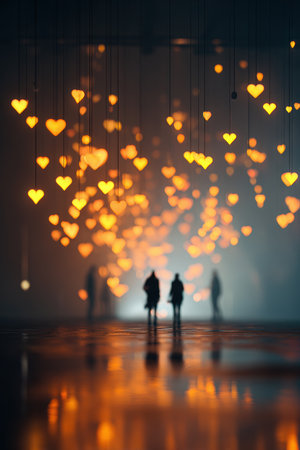 A dreamy abstract scene featuring silhouettes of lovers surrounded by heart-shaped lights. The warm glow and cinematic lighting create a romantic ambiance.の素材