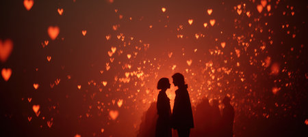 Silhouetted couple stands surrounded by glowing heart-shaped lights, creating a dreamy and emotional atmosphere. The scene captures a sense of romantic cinematic realism.の素材