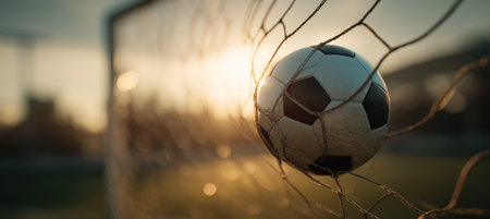 Close-up image of a soccer ball caught in a net with a blurred field background. Sunlight enhances the cinematic realism, capturing motion and detail in a dynamic sports scene.の素材