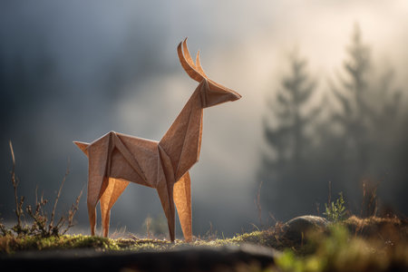 A tan paper origami deer stands gracefully in a misty forest clearing at dawn, illuminated by soft cinematic light, creating a tranquil and realistic nature scene.の素材