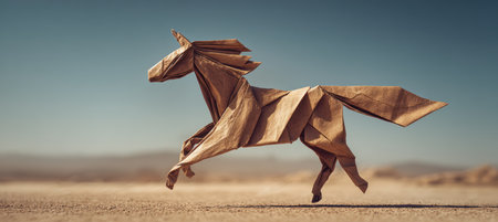A brown paper origami horse appears to run across a paper desert landscape. Captured in a wide-angle action shot, the image features soft motion blur and warm afternoon tones.の素材