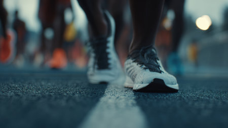 Close-up image capturing a runner's feet at the start line, emphasizing depth and focus. The cinematic tone and dramatic composition highlight the anticipation and energy of the moment.の素材