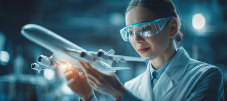 Aerospace scientist examines an airplane model in a high-tech lab. The image captures a professional, modern environment with bright lighting and a technical background.の素材