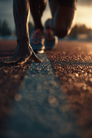 An athlete readies for a sprint, emphasizing foot placement and track texture. Captured in cinematic golden-hour lighting, highlighting the dynamic energy of the moment.の素材