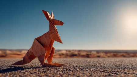 Origami kangaroo crafted from orange-brown paper, standing in the Australian desert. Captured in bright sunlight, this minimalist and clean style image showcases a dynamic mid-range shot.の素材