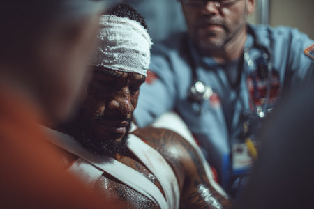 A professional athlete is receiving medical support after an injury. The scene captures the intensity and care involved in sports recovery, highlighting the athlete's resilience.の素材