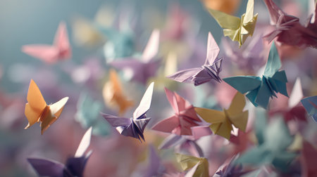 A swarm of origami butterflies crafted from pastel paper, captured in sunlight. The shallow focus and artistic realism create a magical spring mood in this macro composition.の素材