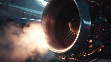 High-detail close-up of an airplane engine starting up, showcasing smoke and heat distortion. The image captures mechanical realism and cinematic tension in vivid detail.の素材