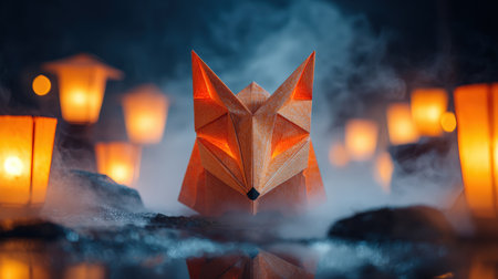 An origami fox spirit crafted from glowing orange paper is surrounded by mist and lanterns, evoking a mystical Japanese folklore atmosphere in a cinematic portrait shot.の素材