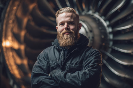 Aircraft mechanic stands confidently near turbine blades in an engineering workplace. The warm industrial lighting and cinematic realism style enhance the professional atmosphere.の素材
