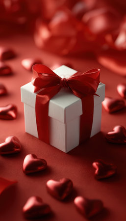 Elegant still life featuring a white gift box adorned with a red satin bow, surrounded by glossy hearts on a red surface. Soft lighting enhances the romantic, cinematic composition.の素材