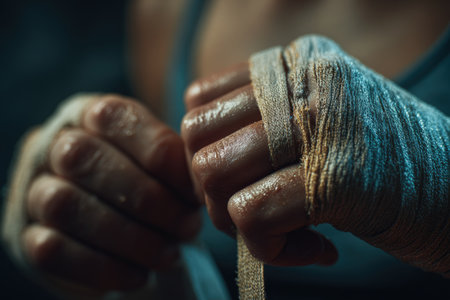 A detailed close-up of a woman's hands wrapping in boxing tape, highlighting the textures of fabric and skin. The cinematic macro shot emphasizes the intensity of the sport.の素材