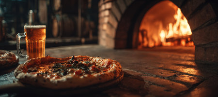 A delicious pizza and a mug of beer sit beside a glowing brick oven, creating a cozy, traditional pizzeria ambiance. The warm orange lighting enhances the inviting atmosphere.の素材
