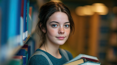 A proud teenage girl with acne scars holds a stack of books in a school library. Soft indoor lighting enhances the scene, with blurred bookshelves in the background.の素材