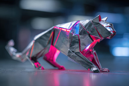 Close-up of a cyber-mechanical origami cat robot crafted from silver foil paper. Set in a futuristic lab, the design features neon highlights and intricate details.の素材