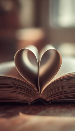 A vintage open book with pages bent into a heart shape, bathed in soft sunlight. The cozy, warm tones and shallow depth of field create a romantic minimalist atmosphere.の素材